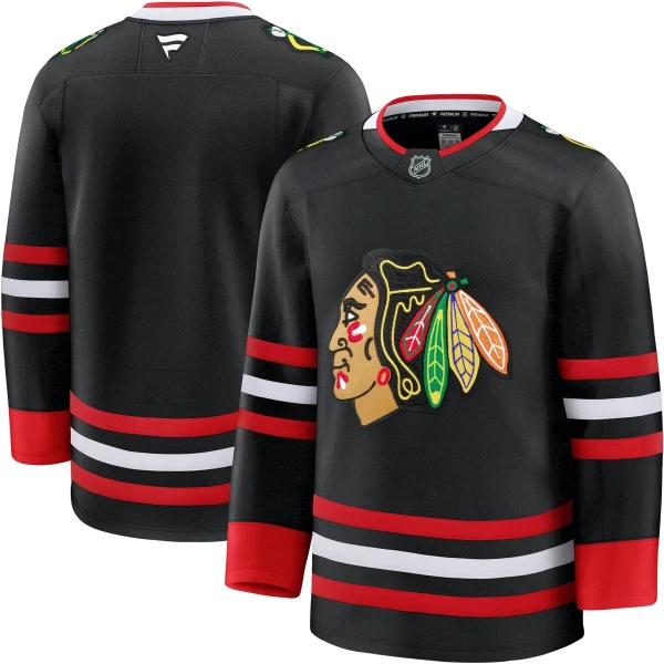 Fanatics Chicago Blackhawks Pelipaita 2025-2026 Kolmos Premium Musta ( Omalla Nimellä )