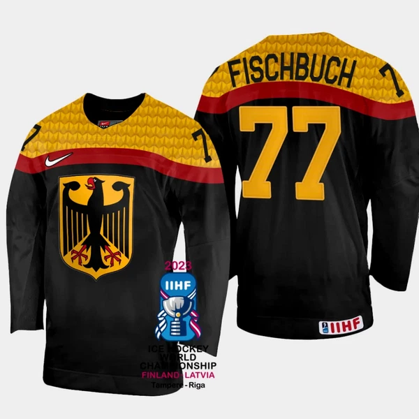 Saksa Daniel Fischbuch 77 Pelipaita IIHF World Championship 2023 Musta Saksa Daniel Fischbuch 77 Pelipaita IIHF World Championship 2023 Musta