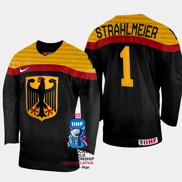 Saksa Dustin Strahlmeier 1 Pelipaita IIHF World Championship 2023 Musta Saksa Dustin Strahlmeier 1 Pelipaita IIHF World Championship 2023 Musta