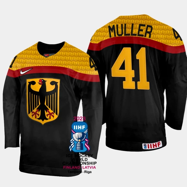 Saksa Jonas Muller 41 Pelipaita IIHF World Championship 2023 Musta Saksa Jonas Muller 41 Pelipaita IIHF World Championship 2023 Musta