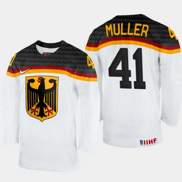 Saksa Jonas Muller 41 Pelipaita IIHF World Championship 2023 Valkoinen Saksa Jonas Muller 41 Pelipaita IIHF World Championship 2023 Valkoinen