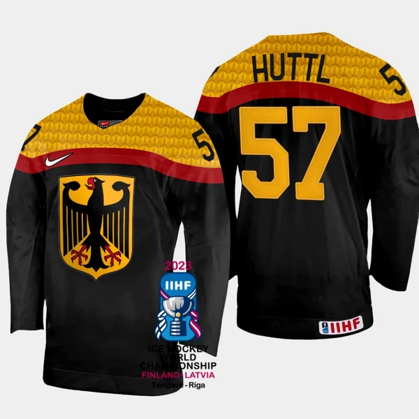 Saksa Leon Huttl 57 Pelipaita IIHF World Championship 2023 Musta Saksa Leon Huttl 57 Pelipaita IIHF World Championship 2023 Musta