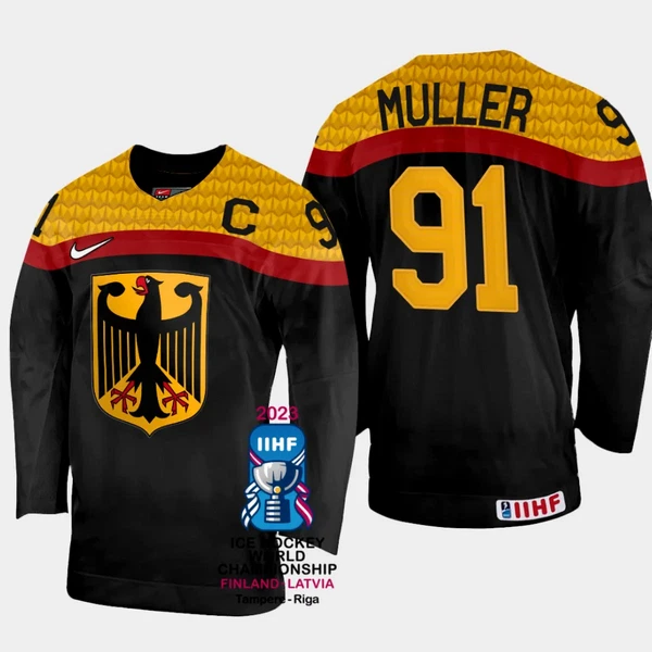 Saksa Moritz Muller 91 Pelipaita IIHF World Championship 2023 Musta Saksa Moritz Muller 91 Pelipaita IIHF World Championship 2023 Musta