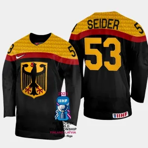 Saksa Moritz Seider 53 Pelipaita IIHF World Championship 2023 Musta