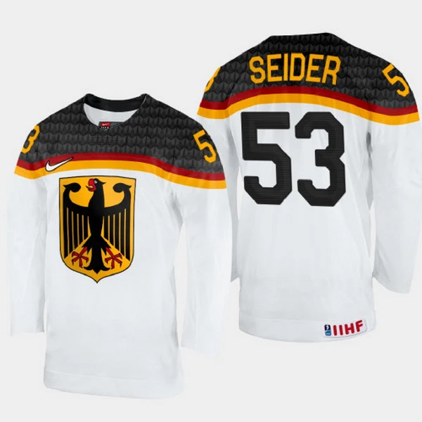Saksa Moritz Seider 53 Pelipaita IIHF World Championship 2023 Valkoinen Saksa Moritz Seider 53 Pelipaita IIHF World Championship 2023 Valkoinen