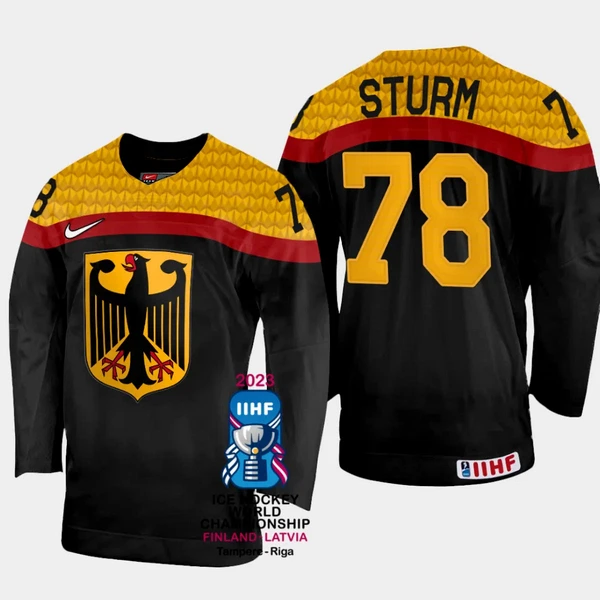 Saksa Nico Sturm 78 Pelipaita IIHF World Championship 2023 Musta Saksa Nico Sturm 78 Pelipaita IIHF World Championship 2023 Musta