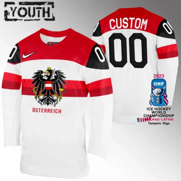 Itävalta Lasten Pelipaita IIHF World Championship 2023 Valkoinen ( Omalla Nimellä ) Itävalta Lasten Pelipaita IIHF World Championship 2023 Valkoinen ( Omalla Nimellä )