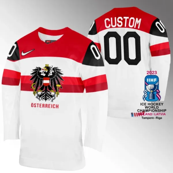 Itävalta Pelipaita IIHF World Championship 2023 Valkoinen ( Omalla Nimellä ) Itävalta Pelipaita IIHF World Championship 2023 Valkoinen ( Omalla Nimellä )