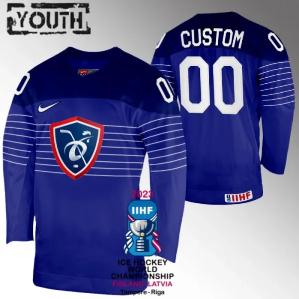 Ranska Lasten Pelipaita IIHF World Championship 2023 Sininen ( Omalla Nimellä ) Ranska Lasten Pelipaita IIHF World Championship 2023 Sininen ( Omalla Nimellä )