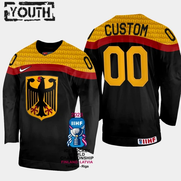 Saksa Lasten Pelipaita IIHF World Championship 2023 Musta ( Omalla Nimellä ) Saksa Lasten Pelipaita IIHF World Championship 2023 Musta ( Omalla Nimellä )