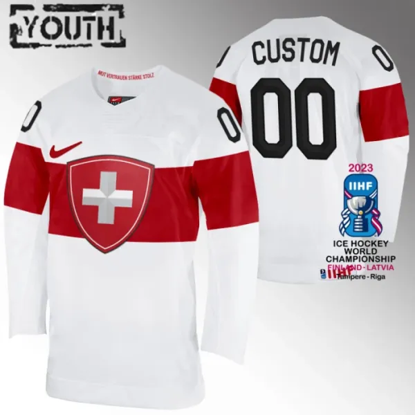 Sveitsi Lasten Pelipaita IIHF World Championship 2023 Valkoinen ( Omalla Nimellä ) Sveitsi Lasten Pelipaita IIHF World Championship 2023 Valkoinen ( Omalla Nimellä )