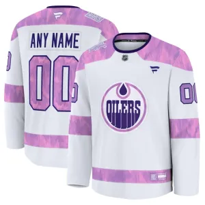 Fanatics Edmonton Oilers Pelipaita 2024-2025 Hockey Fights Cancer Practice Valkoinen ( Omalla Nimellä )
