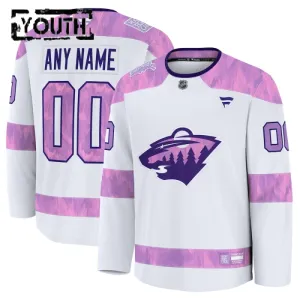 Fanatics Minnesota Wild Lasten Pelipaita 2024-2025 Hockey Fights Cancer Practice Valkoinen ( Omalla Nimellä )