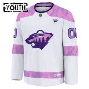 Fanatics Minnesota Wild Lasten Pelipaita 2024-2025 Hockey Fights Cancer Practice Valkoinen ( Omalla Nimellä )