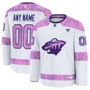 Fanatics Minnesota Wild Pelipaita 2024-2025 Hockey Fights Cancer Practice Valkoinen ( Omalla Nimellä )