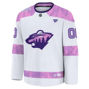 Fanatics Minnesota Wild Pelipaita 2024-2025 Hockey Fights Cancer Practice Valkoinen ( Omalla Nimellä )