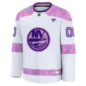 Fanatics New York Islanders Pelipaita 2024-2025 Hockey Fights Cancer Practice Valkoinen ( Omalla Nimellä )