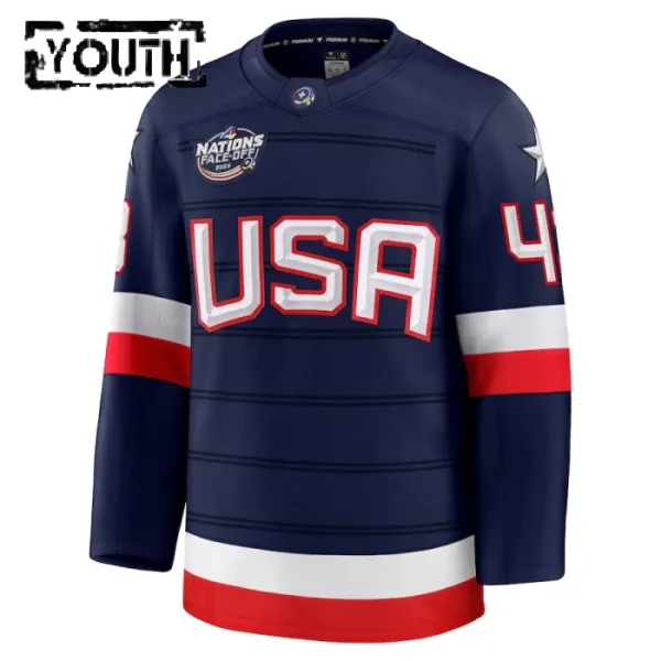 Fanatics USA 4 Nations Face Off Quinn Hughes Lasten Pelipaita 2025 Premium Navy