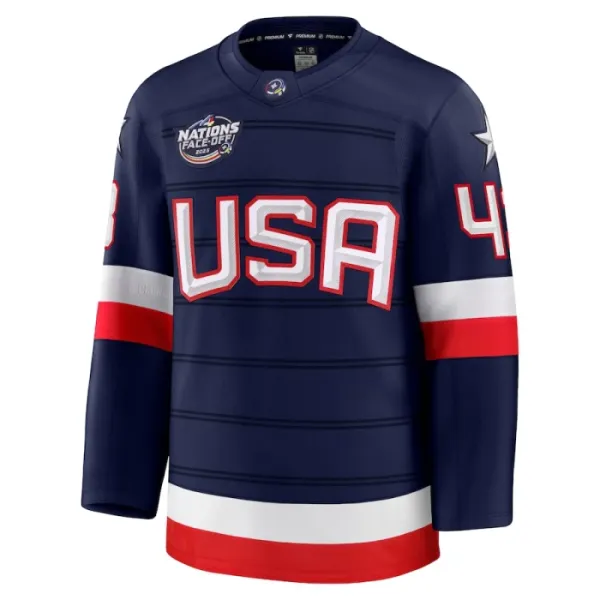 Fanatics USA 4 Nations Face Off Quinn Hughes Pelipaita 2025 Premium Navy